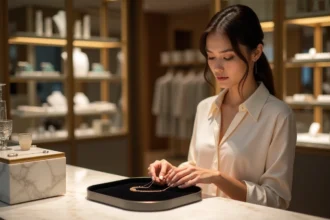Femme élégante examinant un collier en or dans une boutique de bijoux de luxe sur comptoir en velours sombre
