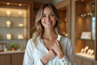 Femme souriante ajustant une chaîne en or 18 carats