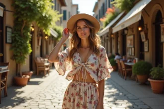 Femme en tenue florale bohème dans une rue pavée