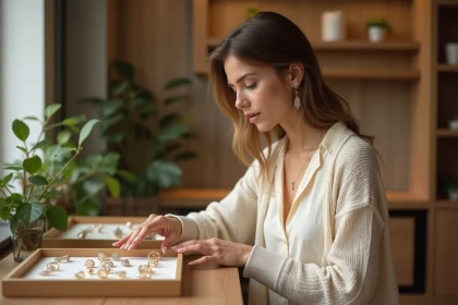 Femme élégante examinant des bagues en boutique