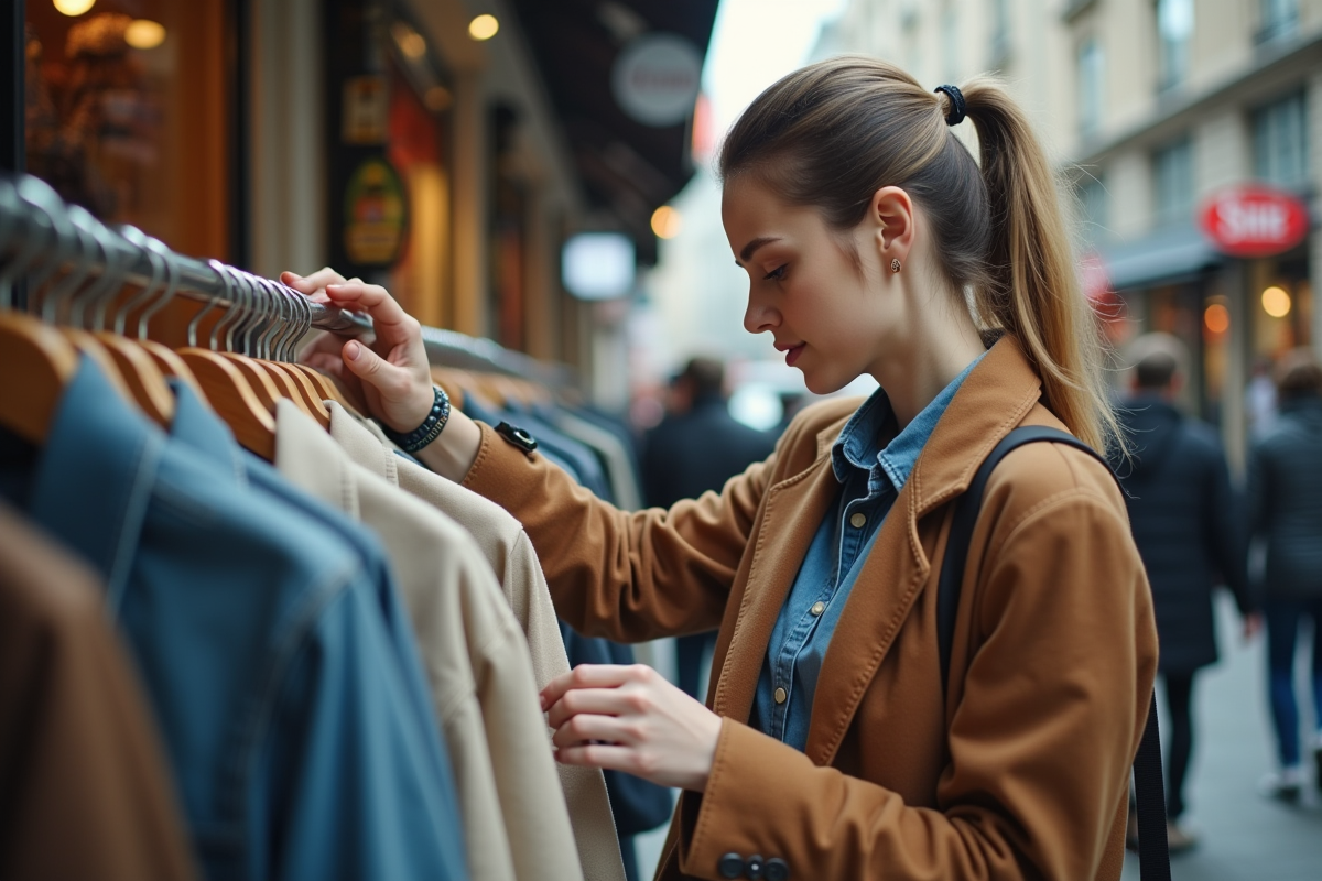 Jeune femme regardant un vêtement dans un marché urbain animé
