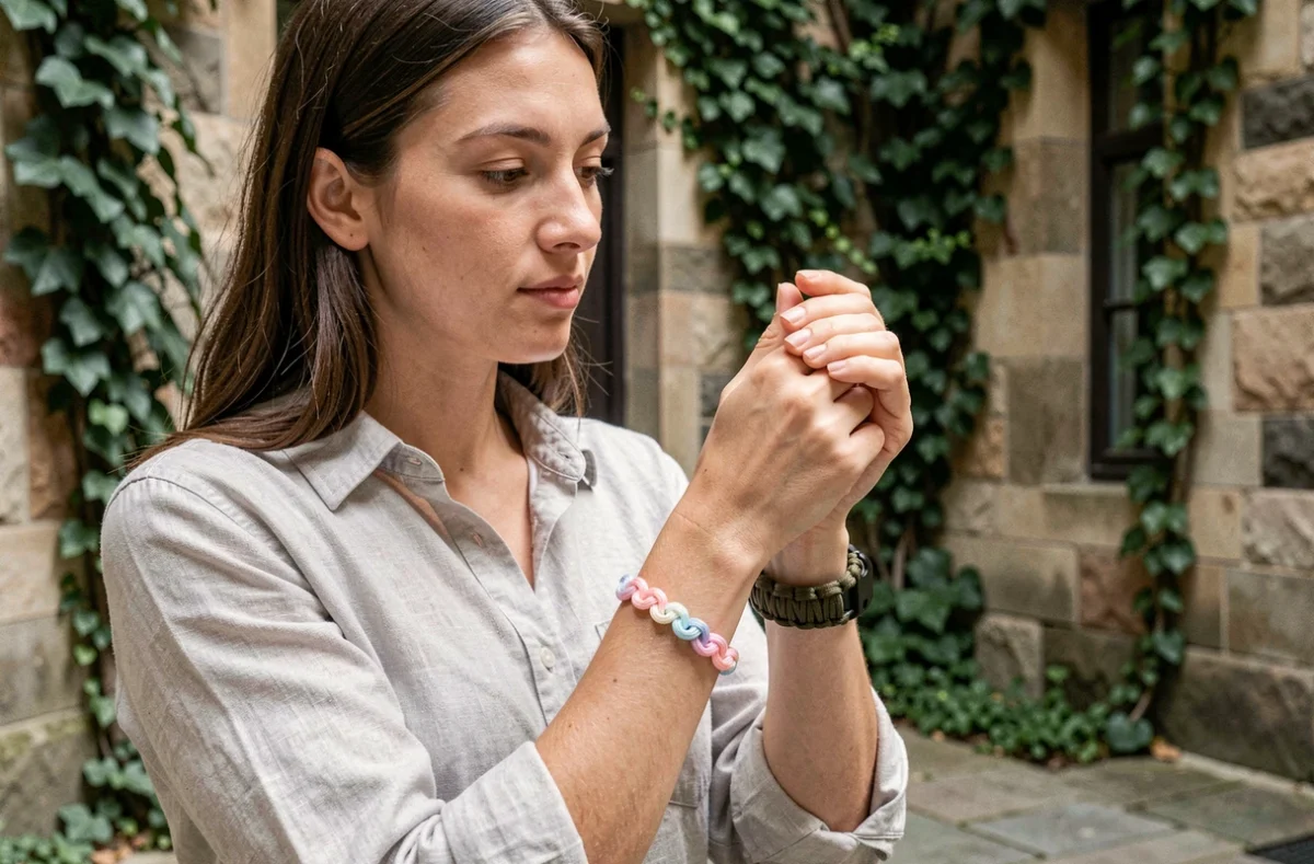 Femme portant un bracelet en cordelette et un bracelet en paracorde pour illustrer leurs différences