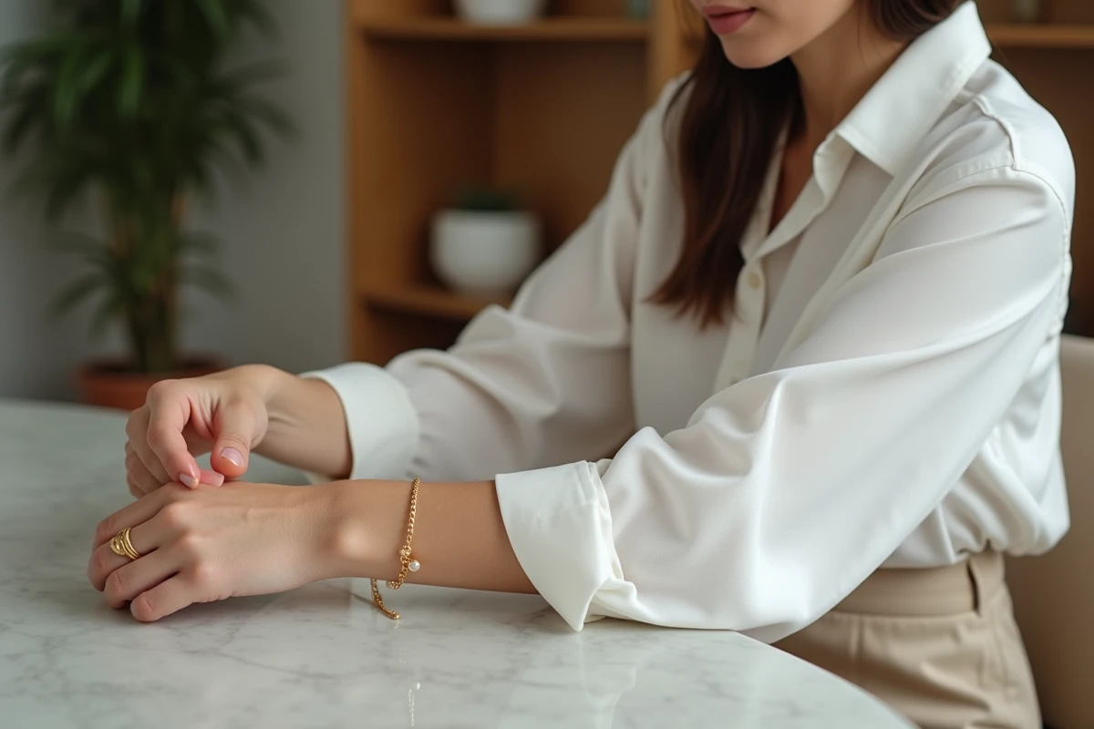 Femme élégante portant un bracelet en or dans un intérieur moderne