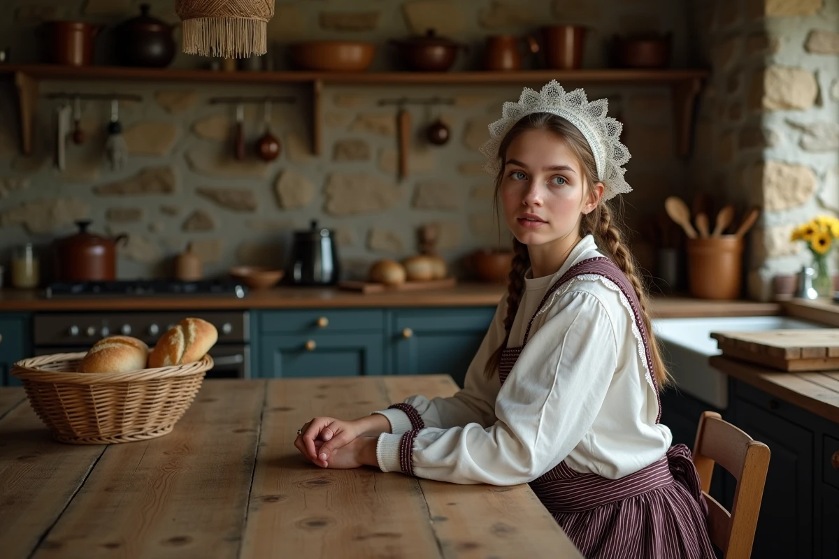 Jeune femme bretonne en costume traditionnel avec broderies
