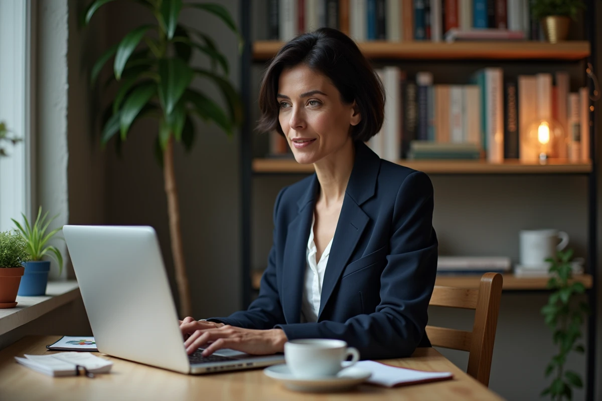 Femme en bureau à domicile travaillant sur son ordinateur