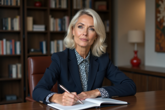 Femme en costume dans un bureau moderne et élégant