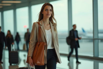 Femme portant un grand cabas en cuir caramel dans un aéroport international, idéal comme sac à main de voyage