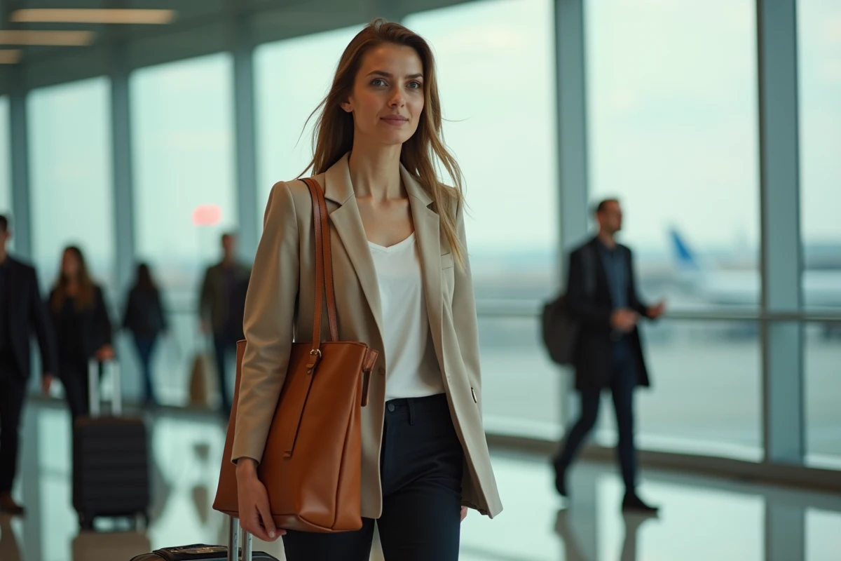 Femme portant un grand cabas en cuir caramel dans un aéroport international, idéal comme sac à main de voyage