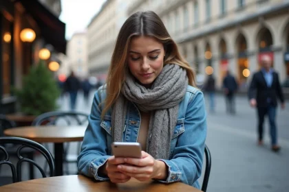 Femme assise au café en train de consulter une carte sur son téléphone