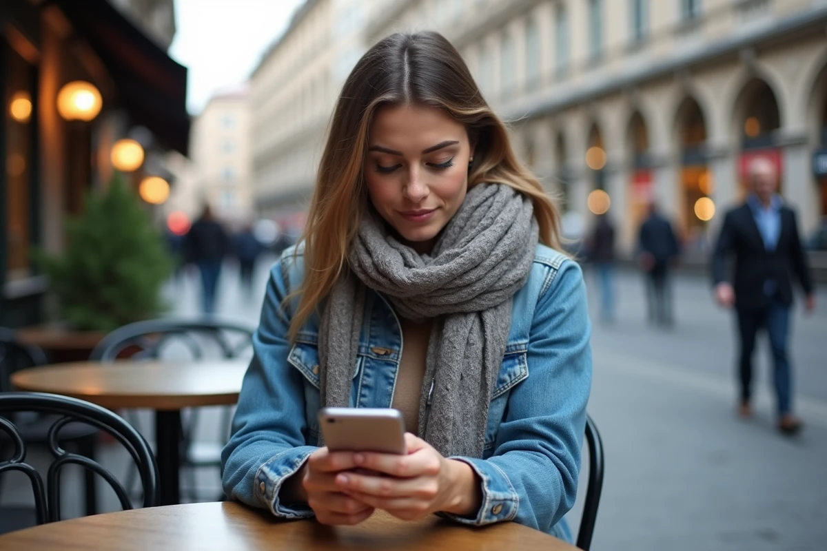 Femme assise au café en train de consulter une carte sur son téléphone