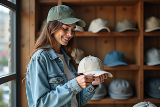 Femme choisissant une casquette en coton dans une boutique de chapeaux
