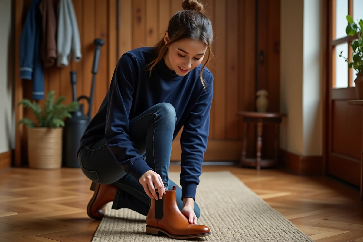Jeune femme en train de cirer et lustrer une bottine Chelsea en cuir camel sur un parquet en bois