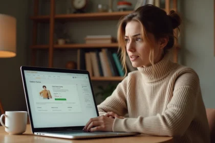 Femme frustrée devant son ordinateur consultant le statut bloqué d'une commande sur Mon habillement La Poste
