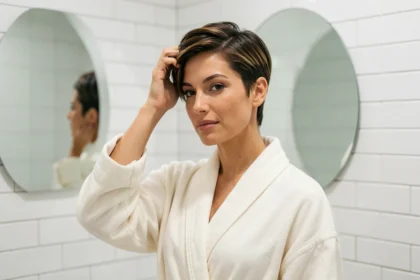 Femme aux cheveux courts en coupe pixie moderne se coiffant devant un miroir de salle de bain minimaliste