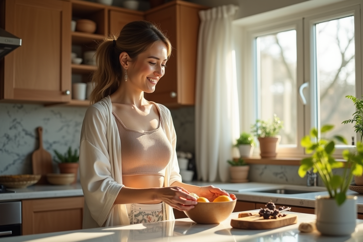Femme confiante préparant un bol de fruits dans la cuisine