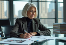 Femme élégante en bureau avec skyline de Manhattan
