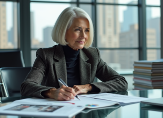 Salaire d’Anna Wintour : montant et chiffres à connaître! Femme élégante en bureau avec skyline de Manhattan