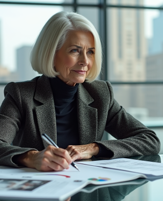 Femme élégante en bureau avec skyline de Manhattan