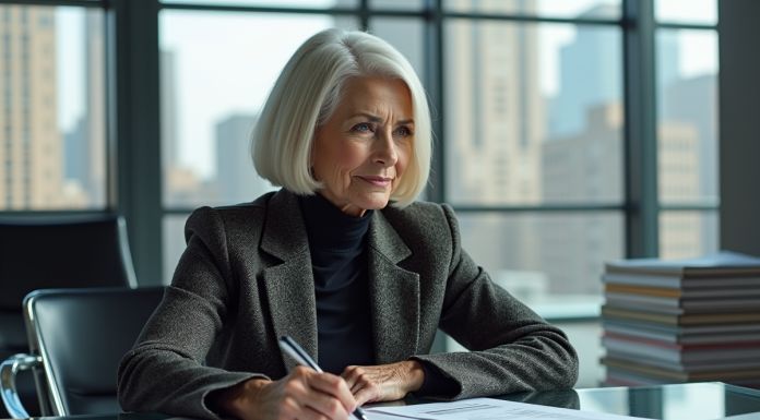 Femme élégante en bureau avec skyline de Manhattan