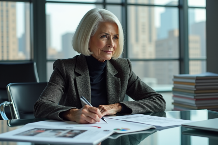 Femme élégante en bureau avec skyline de Manhattan