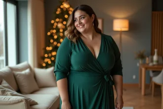 Femme pulpeuse en robe verte élégante dans un salon moderne