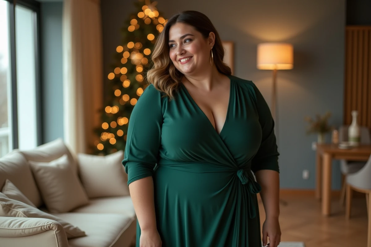 Femme pulpeuse en robe verte élégante dans un salon moderne