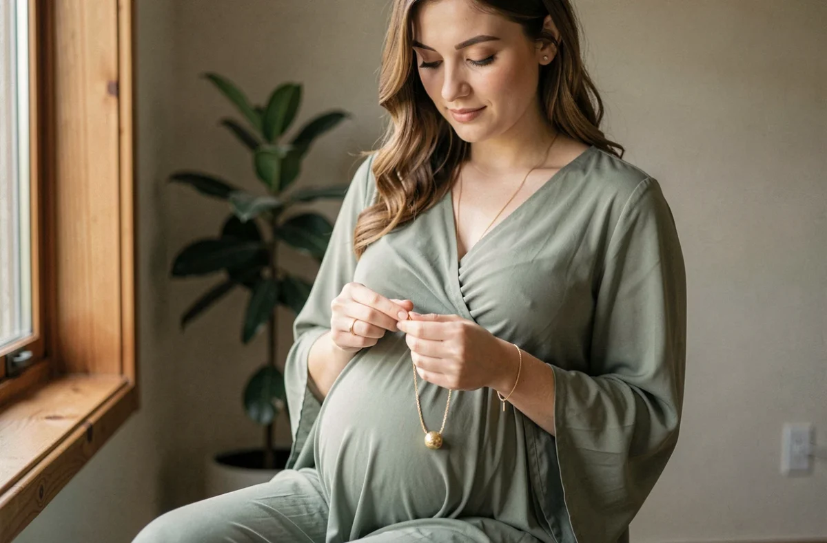 Femme enceinte tenant un bola plaqué or dans ses mains avec une expression sereine