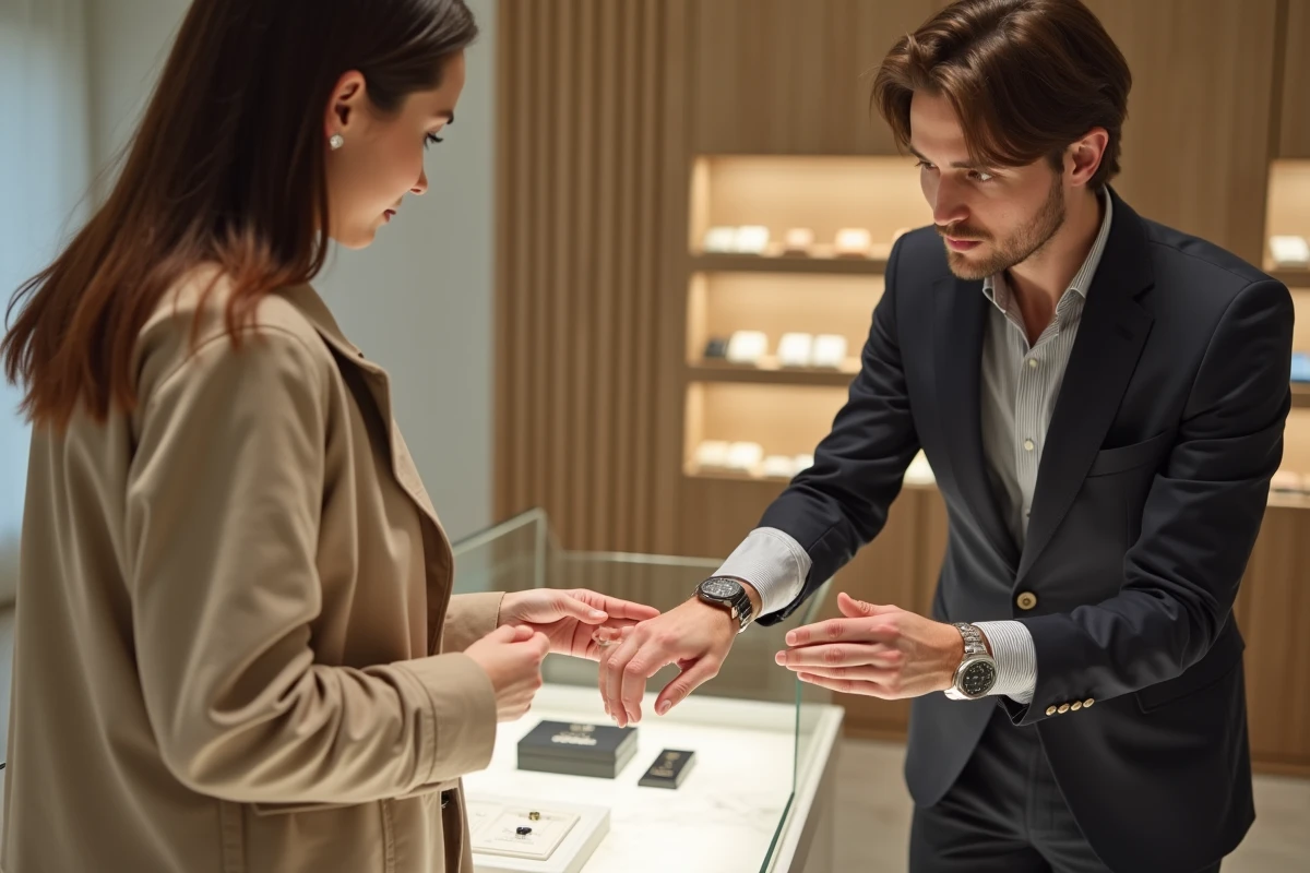 Jeune femme examine une montre dans un magasin de luxe