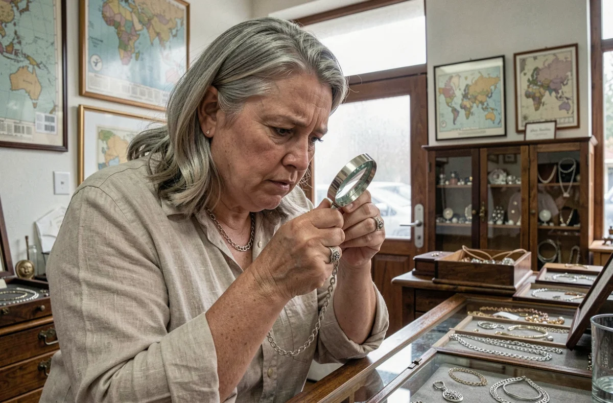 Femme examinant un collier en argent ancien avec loupe dans une boutique d'antiquités régionale