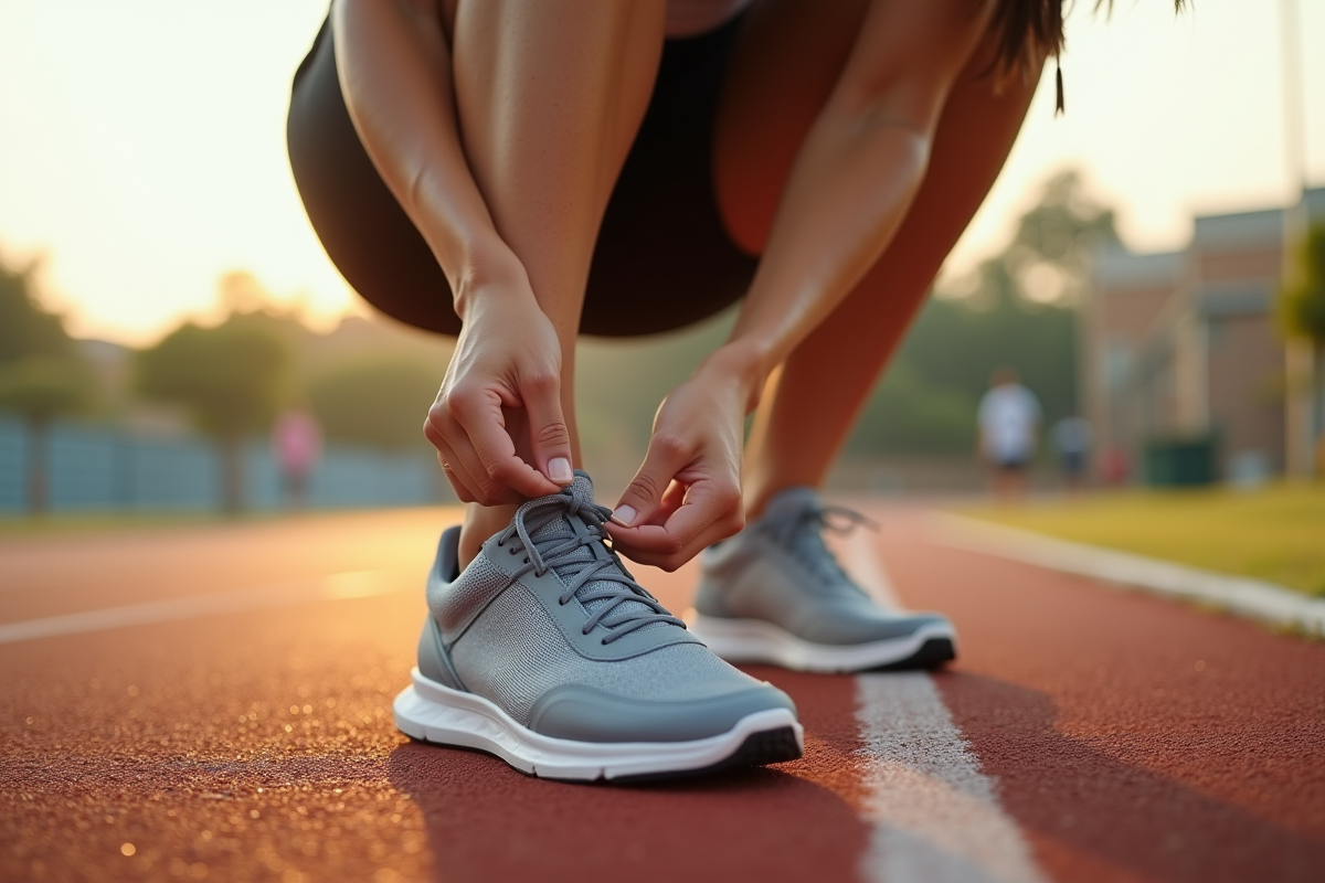 Femme sportive nouant ses chaussures de course en extérieur