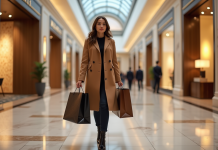 Femme élégante avec sacs de luxe dans un centre commercial haut de gamme