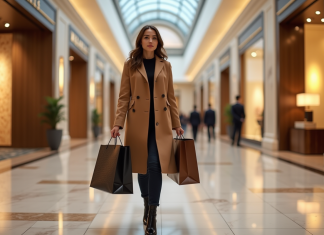 Marques de luxe : quelles sont celles qui génèrent le plus de revenus ? Femme élégante avec sacs de luxe dans un centre commercial haut de gamme