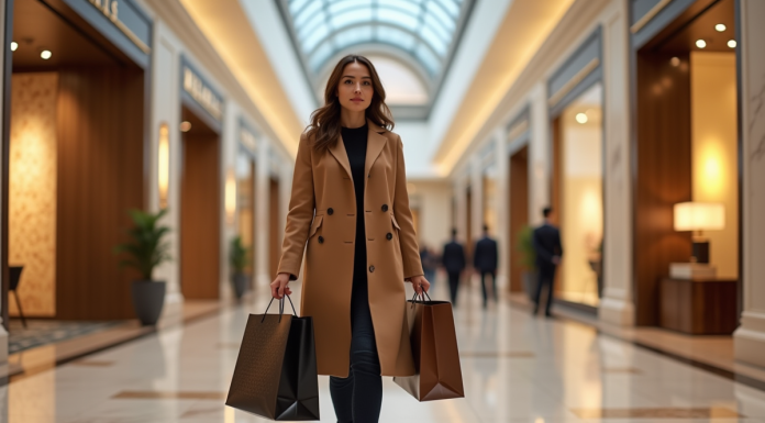 Femme élégante avec sacs de luxe dans un centre commercial haut de gamme