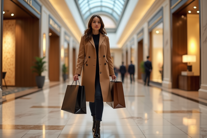 femme-luxe-shopping-mall Femme élégante avec sacs de luxe dans un centre commercial haut de gamme