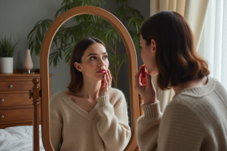 Femme appliquant du rouge à lèvres dans une chambre élégante