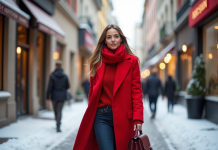 Femme élégante en manteau rouge d'hiver dans la ville enneigee