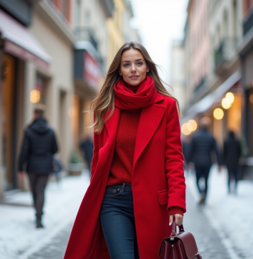 Mode hiver 2025 : tendance rouge et styles incontournables Femme élégante en manteau rouge d'hiver dans la ville enneigee