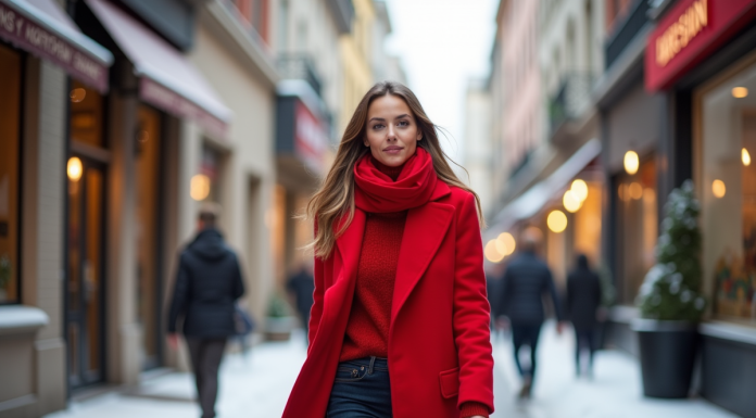 Femme élégante en manteau rouge d'hiver dans la ville enneigee
