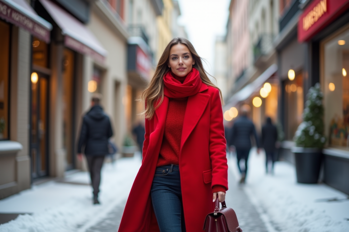 femme-manteau-rouge-hiver Femme élégante en manteau rouge d'hiver dans la ville enneigee