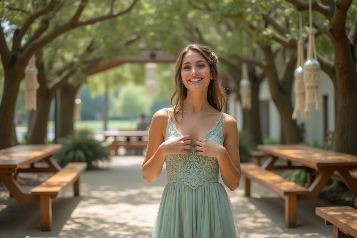 Jeune femme ajustant sa robe de demoiselle d