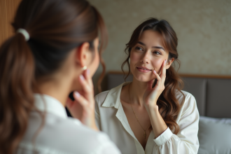 Femme regardant son reflet dans un miroir dans une chambre cosy