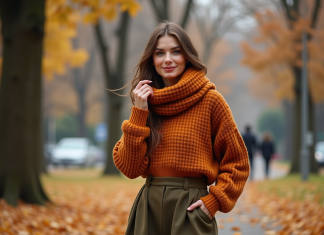 Tendances couleurs automne 2025 : les nuances en vogue Femme élégante en automne dans un parc urbain