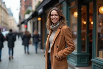 Femme élégante inspectant la couture de son manteau en ville
