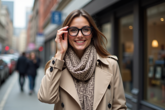 Femme élégante en trench beige dans une ville dynamique