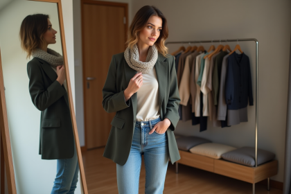 Femme élégante ajustant son foulard dans un intérieur moderne