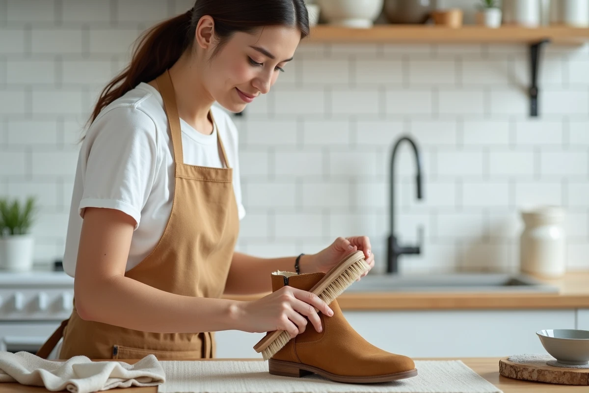Femme entretenant une bottine en daim avec une brosse douce dans une cuisine scandinave épurée