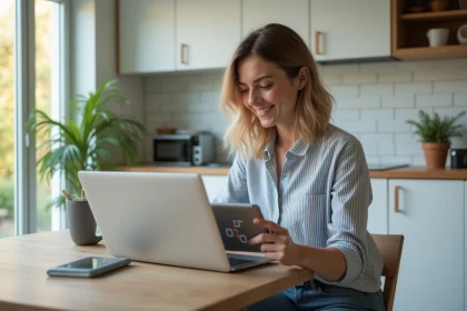 Femme souriante utilisant un ordinateur et une tablette dans une cuisine moderne