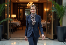 Entrée chic : Comment impressionner avec style et originalité ! Femme élégante en pantalon navy et foulard dans un restaurant chic