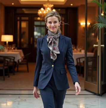 Entrée chic : Comment impressionner avec style et originalité ! Femme élégante en pantalon navy et foulard dans un restaurant chic