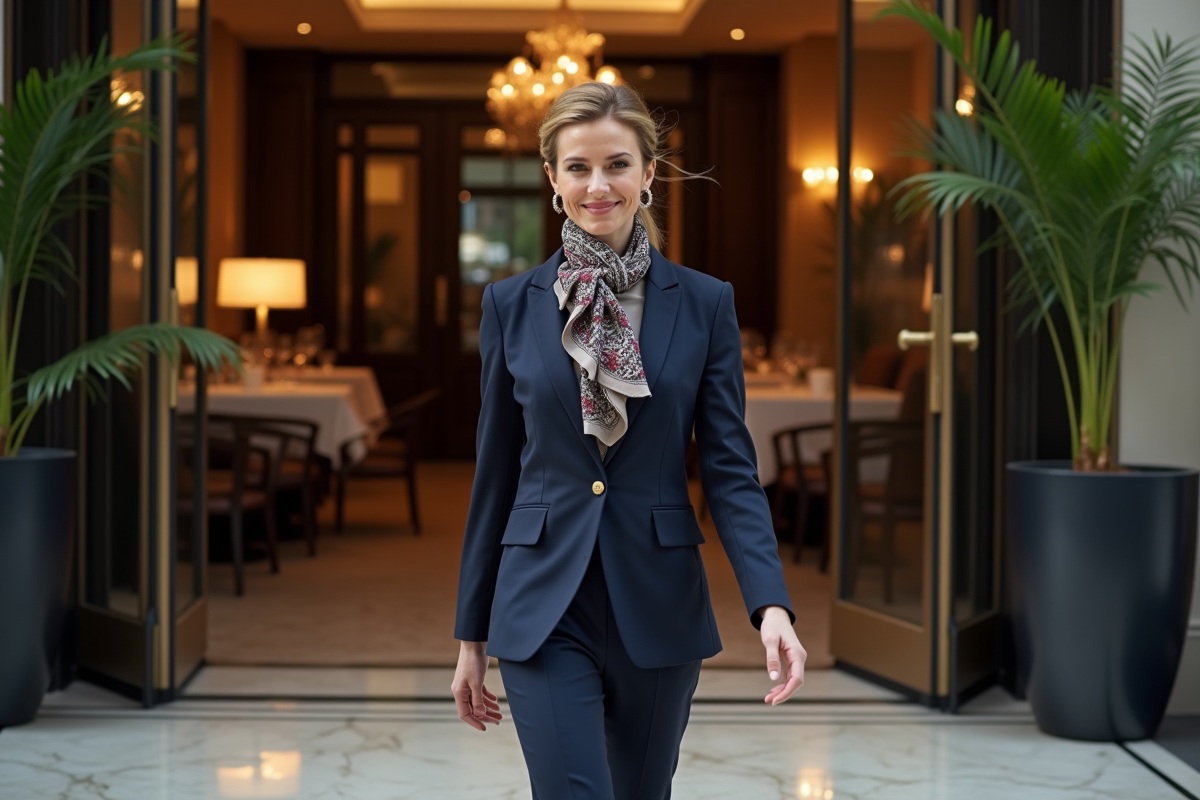 Femme élégante en pantalon navy et foulard dans un restaurant chic